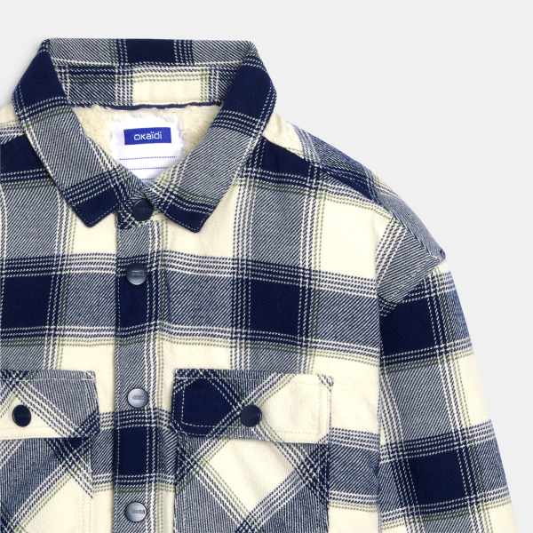 قميص فوقي مربعات، الداخل من صوف الشيربا، اللون بيج للأولاد